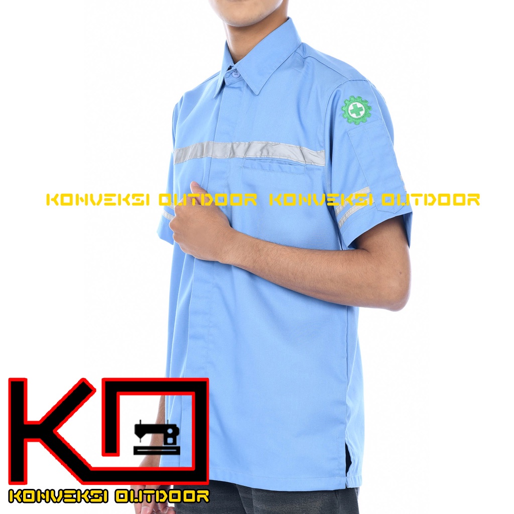 KEMEJA WEARPACK BAJU SAFETY K3 OUTDOOR INDOOR - Seragam Kemeja Kerja Lapangan Lengan Pendek Proyek Bangunan Tambang Alat Berat PLN Enginer Instalasi Mesin werpek sefti Scotlit Warna Biru Muda Konveksi Outdoor