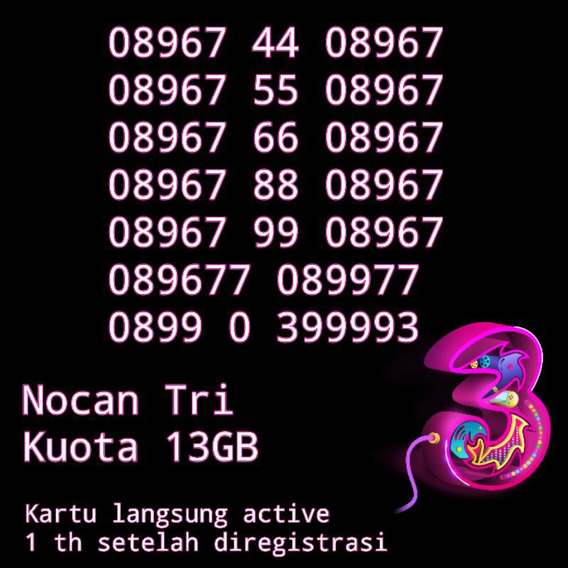 NoCan Nomor Cantik Kartu Perdana Tri Three Kuota 35 GB