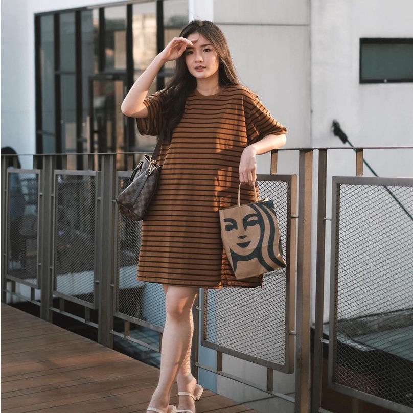Dress Midi Wanita Lengan Pendek Bahan Katun Salur Motif Garis-Garis NANA