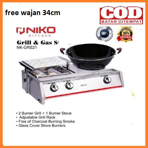 Niko Kompor Gas &amp; Pemanggang 2in1 NK GRS 21 Grill Stove 2 free wajan ukuran 34 cm