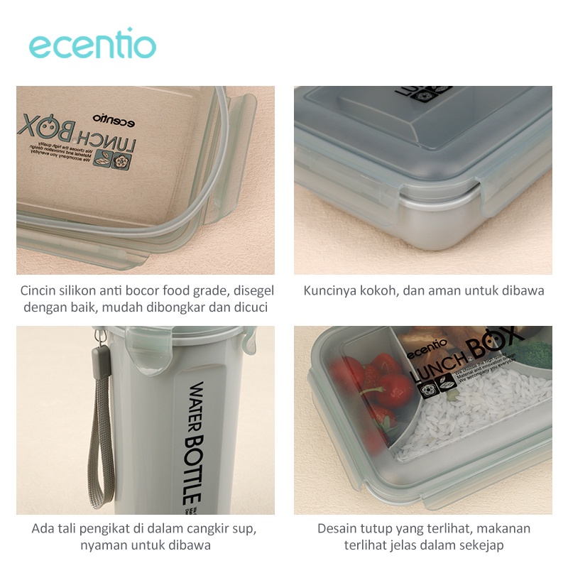 ecentio tempat makan set/ 1100ml 4 grid Kotak makan siang dengan botol air 500ml/tempat makan siang portabel anti bocor lunch box set