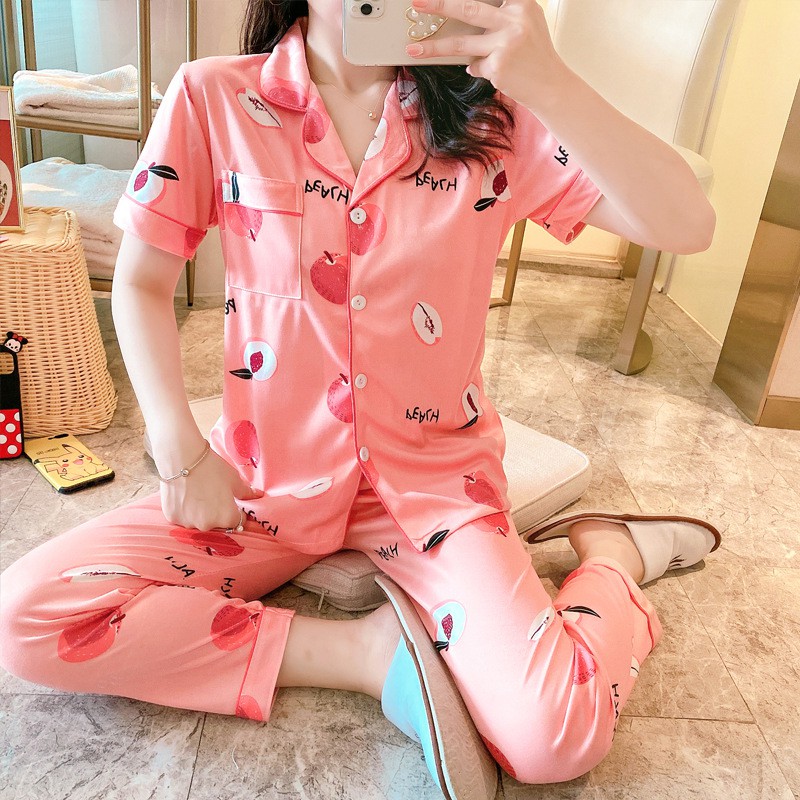 BAJU TIDUR PIYAMA SET KEMEJA CP LENGAN PENDEK CELANA PANJANG IMPORT PREMIUM BANYAK MOTIF-Peach