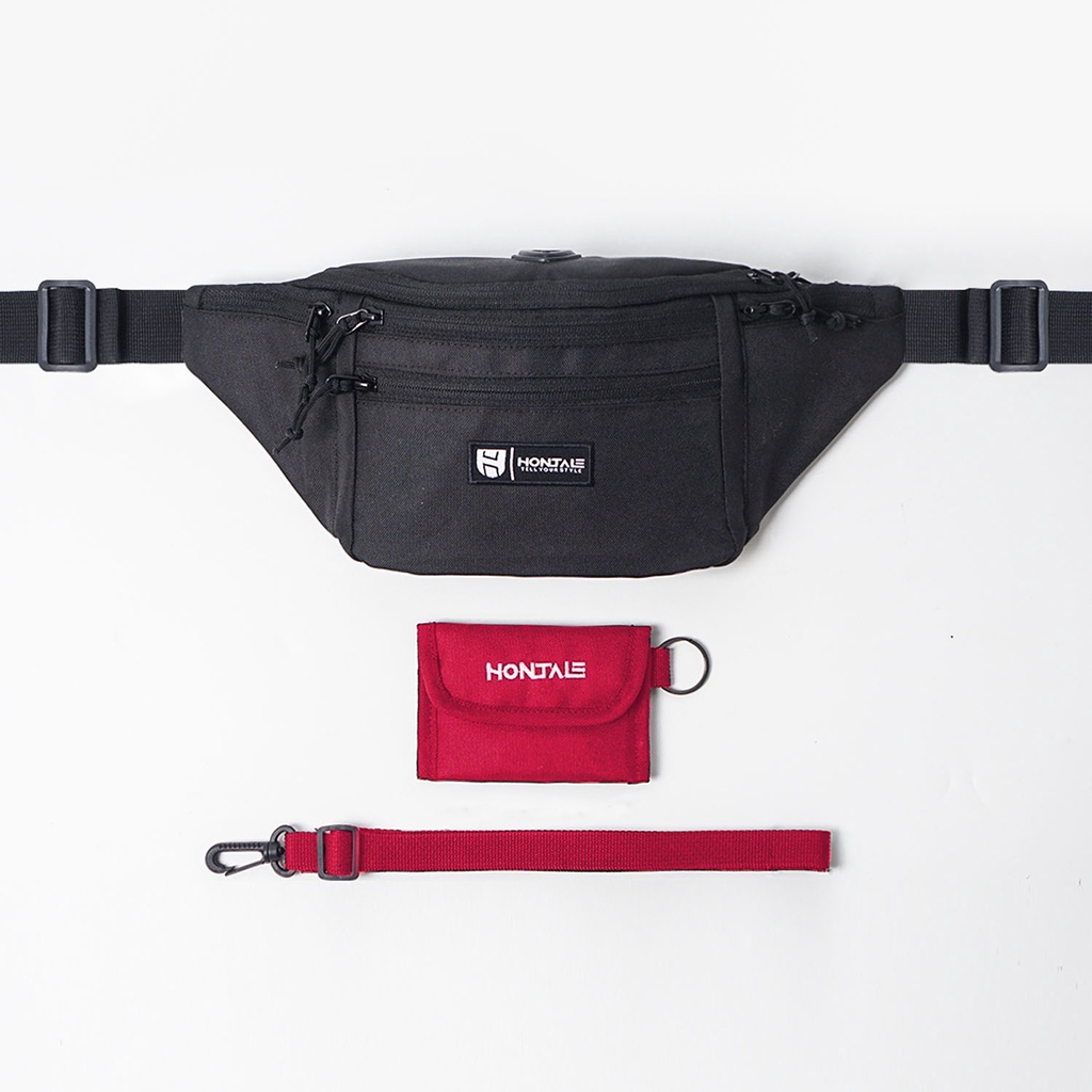 HONTALE | Bundling Tas Waistbag Muzzle Black + Flast Hanging Wallet Red