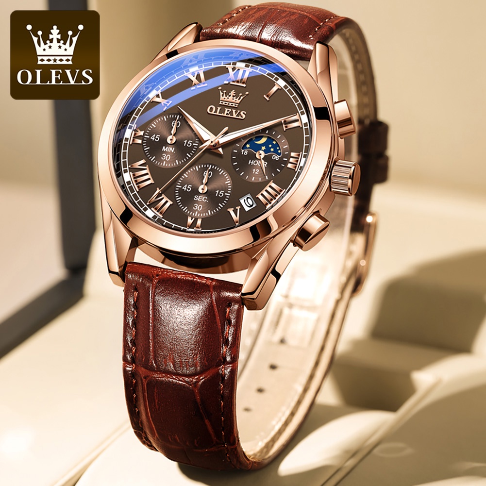 OLEVS Jam Tangan Pria Original Anti Air Kulit Tahan Keren Luxury Chronograph Watch Men Multifungsi Hitam Coklat Cod