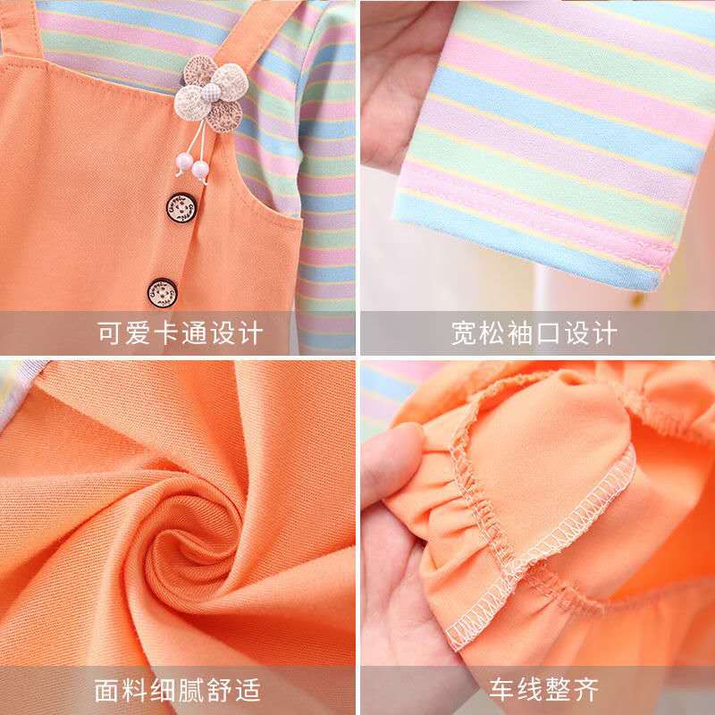 Dress anak perempuan jumpsuit / rok ruffle +lengan panjang motif garis garis gaun anak cewek lucu import-5