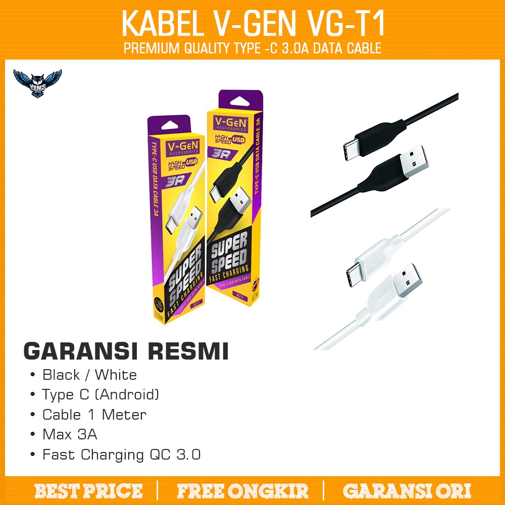 Kabel Data Type C V-GeN VG-T1 Fast Charging QC3 3A Type-C VGEN 1 Meter