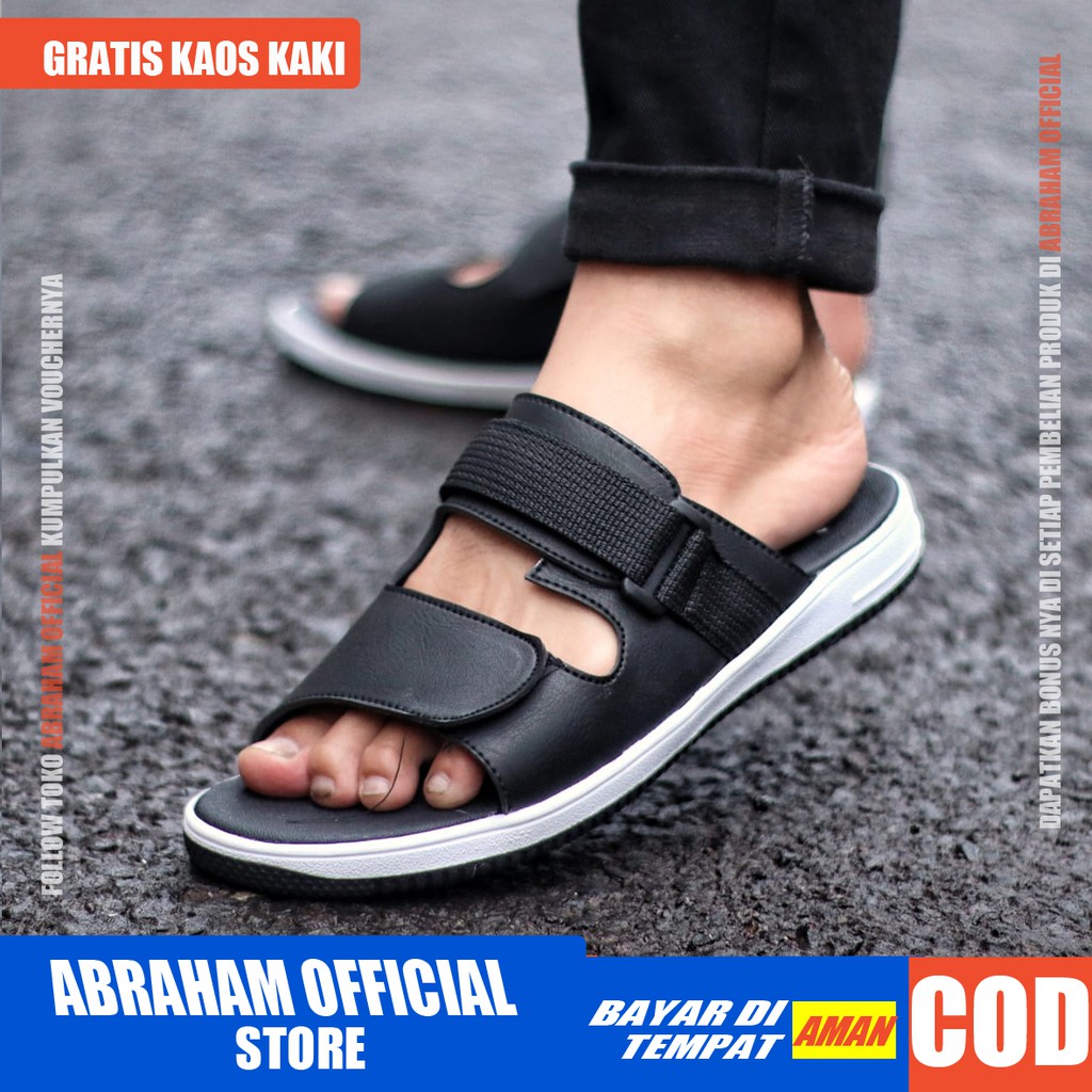 ABRHM DHON Sandal Slop Pria Sandal Pria Selop Kulit Pu Sandal Slide Cowok / Cowo Keren Kekinian Ori