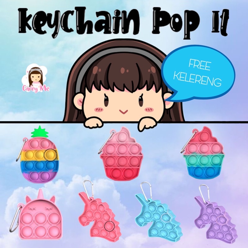 READY STOCK Fidget Pop It Gantungan Kunci Ice Cream Nanas Unicorn Toys Mainan Murah FREE KELERENG