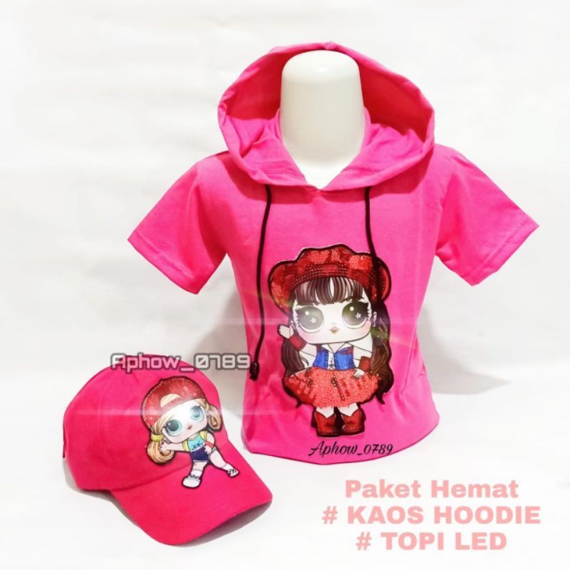 Paket 2in1 Kaos Hoodie anak Perempuan LED LOL Free Topi Led uk 2-10thn