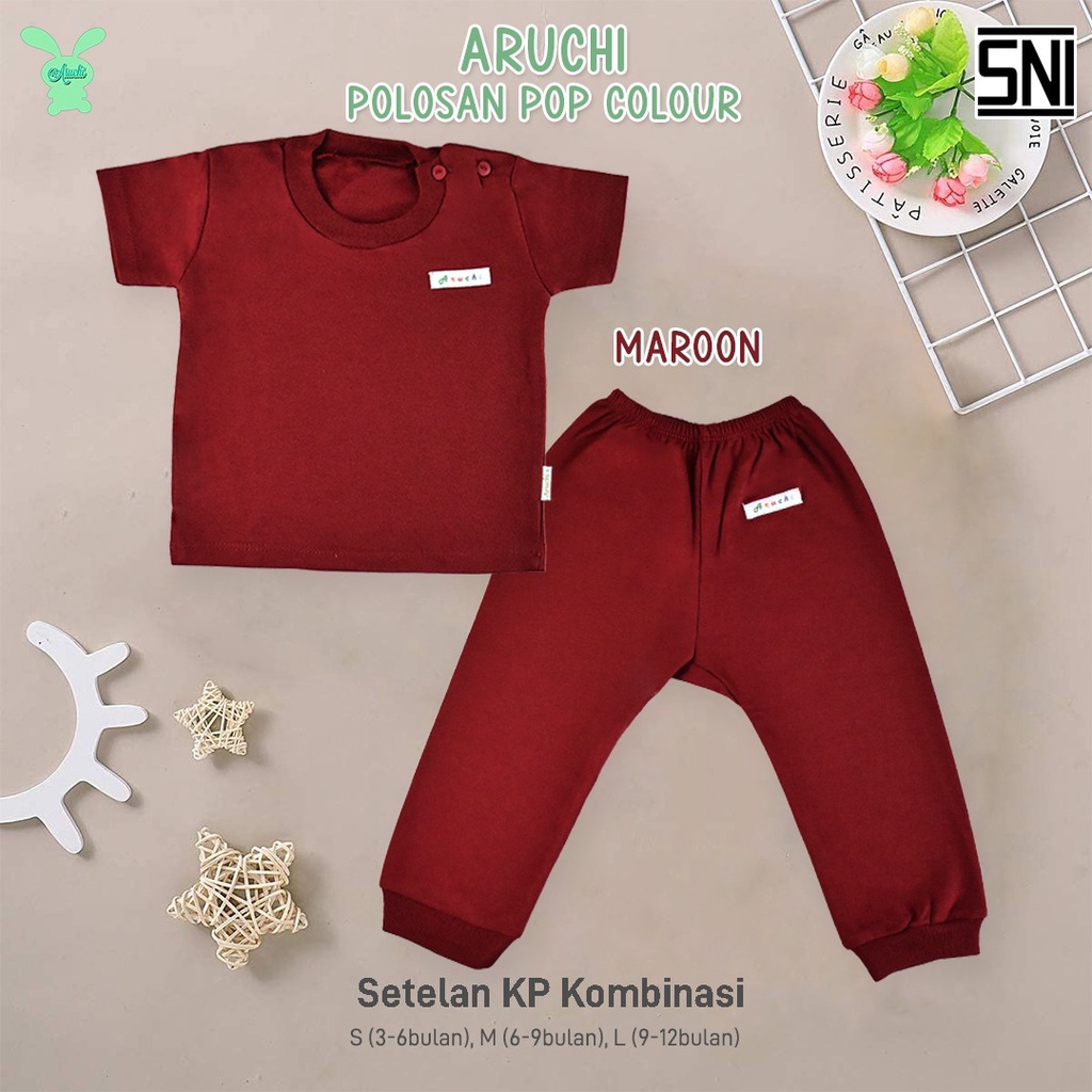 STELAN PIYAMA TANGAN PENDEK CELANA PANJANG ARUCHI BABY POLOS SML ( 3-12 BULAN )