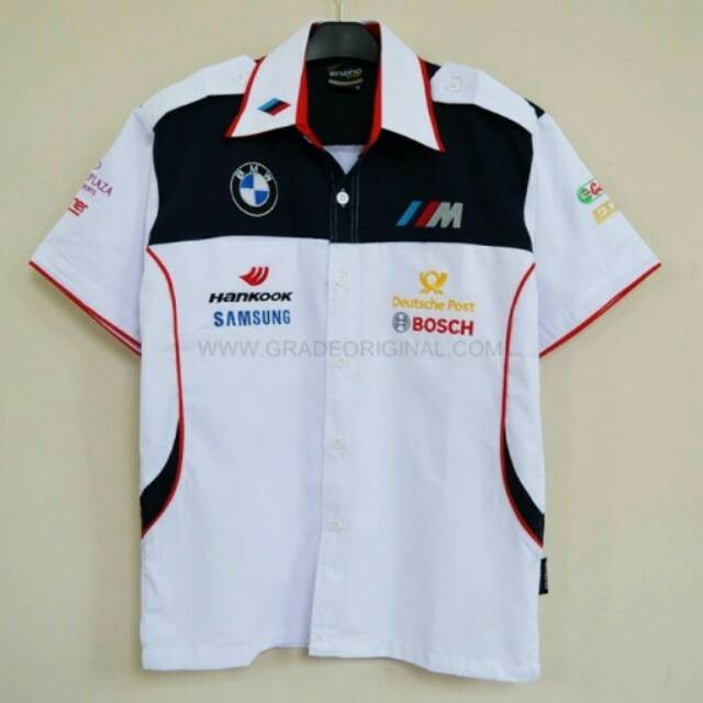 Baju Kemeja Bordir Automotif BMW Putih kombinasi Navy