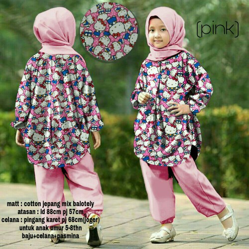 PROMO TERLARIS set una kitty pink fashion anak stelan baju muslim anak