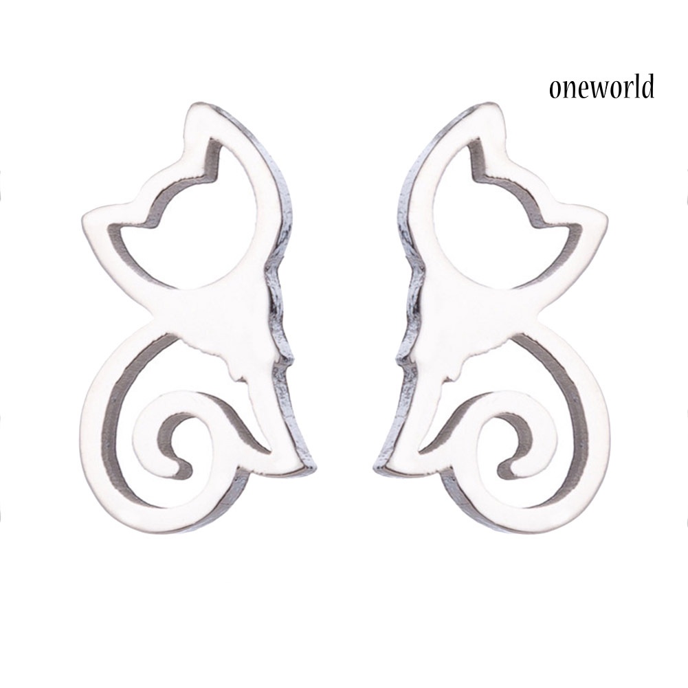 OW@ Minimalist Hollow Cat Stainless Steel Stud Earrings Cute Animal Women Jewelry