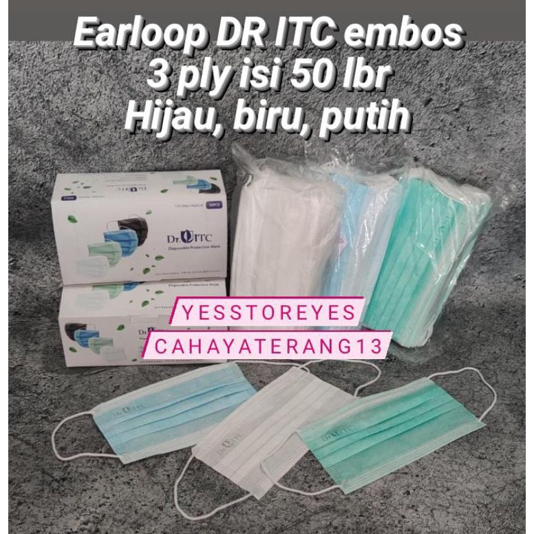 READY 3 PLY EARLOOP BIRU HIJAU PUTIH ADA EMBOS DR ITC ISI 50 LBR PER BOX. DISPOSABLE MASK FACE MASK