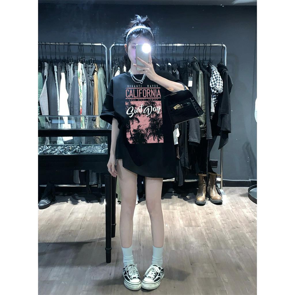 100% Katun Kaos Vintage Hitam Atasan Wanita Lengan Pendek Oversize Letter Printed T-shirt Baju Wanita Kekinian Korean Style