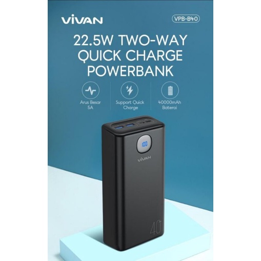 Vivan Powerbank VPB-B40 QUICK CHARGER WITH DISPLAY 40 ribu mah - Hitam, 40000mah super fast