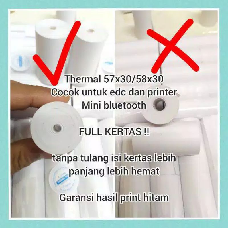 Kertas Struk Thermal Paper Roll 58x30 Termal EDC Thermal Printer Mini Bluetooth 57x30 Coreless