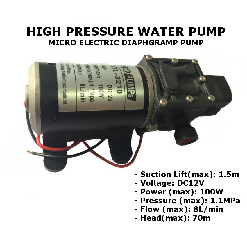 High Pressure Water Pump XTL-3210 - 12V 100W 8L per Min Head 70M 1.1MPa