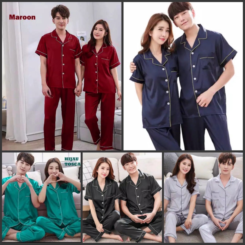 PIYAMA BAJU TIDUR COUPLE/PASANGAN JUMBO PRIA/WANITA / SUAMI ISTRI SATIN SILK LENGAN PENDEK