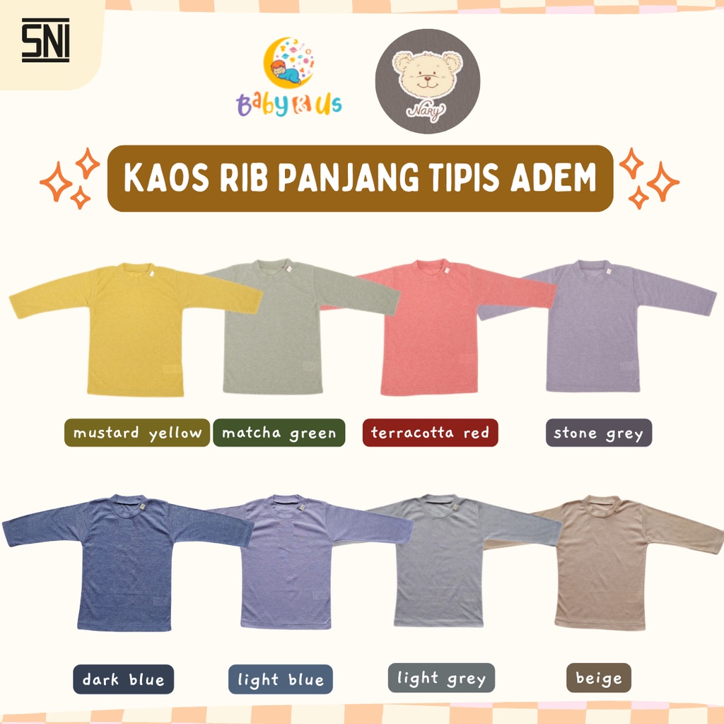 Nary Kaos Oblong Rib - Kaos Tipis Adem Lengan Panjang 0-3 3-6 bulan 1, 2, 3 tahun