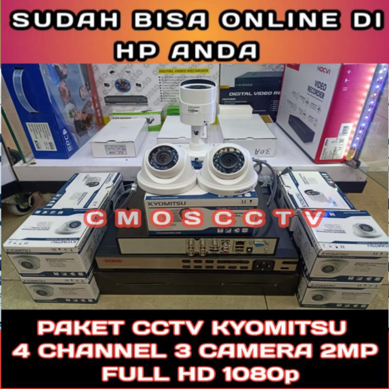 Paket cctv kyomitsu 4 channel 3 kamera 2mp/1080p komplit