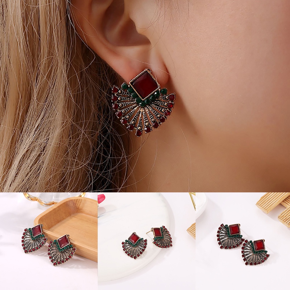 Anting Stud Berlian Imitasi Bentuk Kipas Gaya Vintage Etnik Bohemian Untuk Wanita