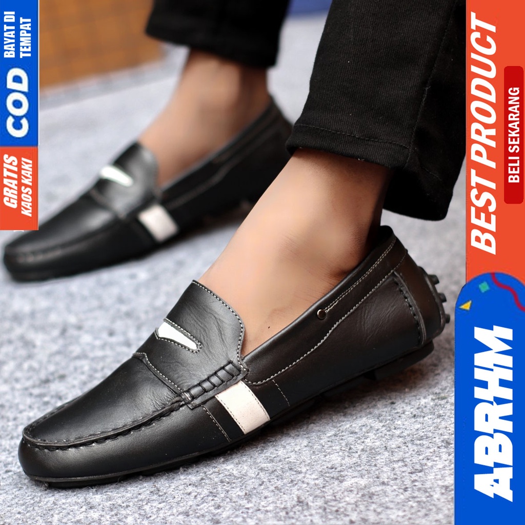 Sepatu Casual Pria Slip On Slop Selop Pansus Santai Kulit Asli Kerja Kantor Kulit Kondangan Hitam Polos Fashion shoes Terbaru Original Murah Kekinian Cowok VELAS ABRHM