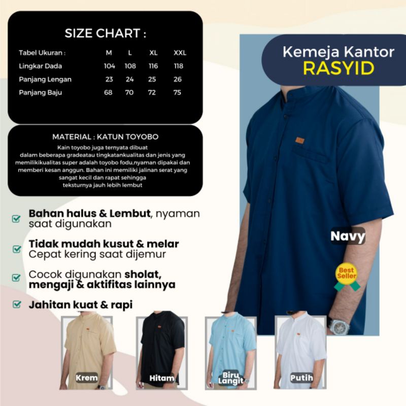 Baju Koko Kurta Polos Pria Model Rasyid Tersedia Warna Hitam/Putih/Biru Langit/Hijau Muda/Krem Bahan Katun Toyobo