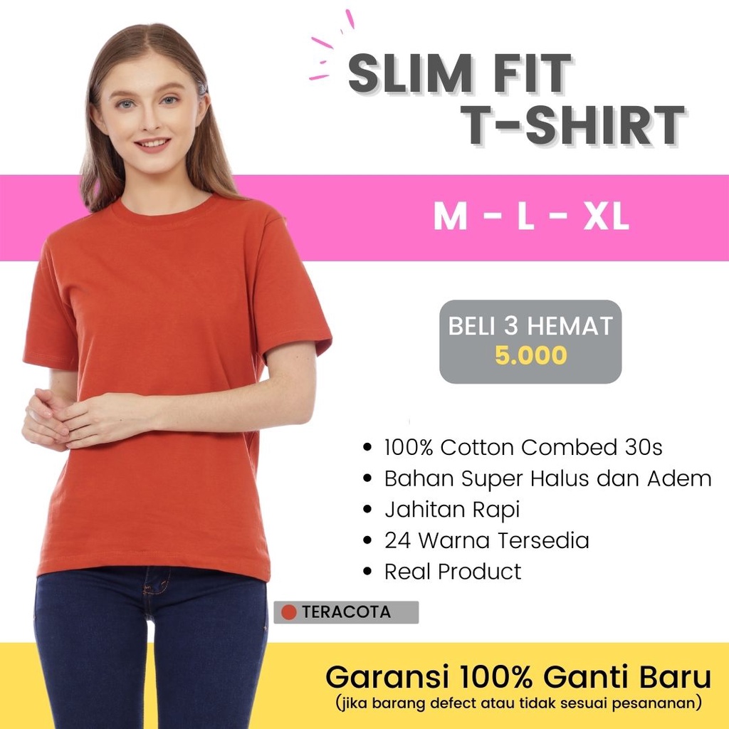 Baju Kaos Polos Wanita Slim fit Lengan Pendek Cotton Combed 30s M L XL Warna Dusty pink Ungu Muda Te