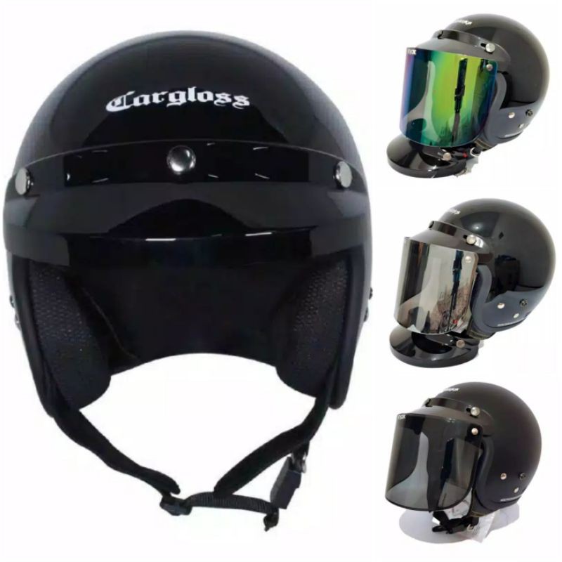 HELM CARGLOSS RETRO ORIGINAL HITAM GLOSSY SET KACA DATAR KACA CEMBUNG