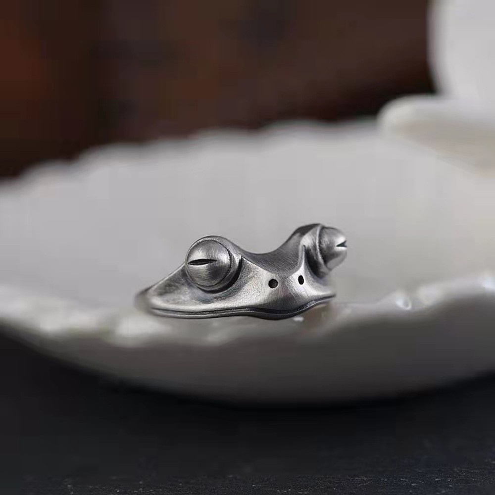 Cincin Jari Model Terbuka Desain Katak Artistik Warna Silver Gaya Bohemian Retro Untuk Unisex