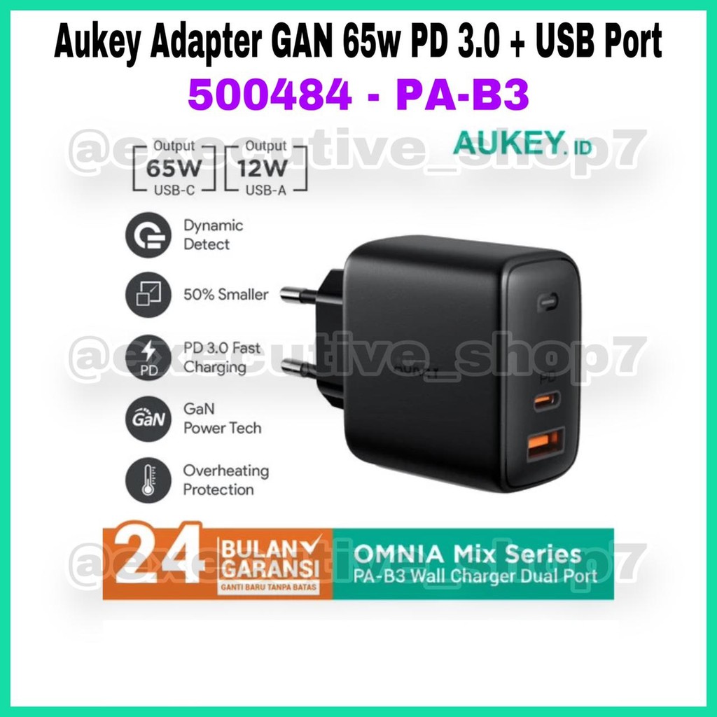 Aukey Adapter GAN 65w PD 3.0 + USB Port - 500484 / 501000 - PA-B3