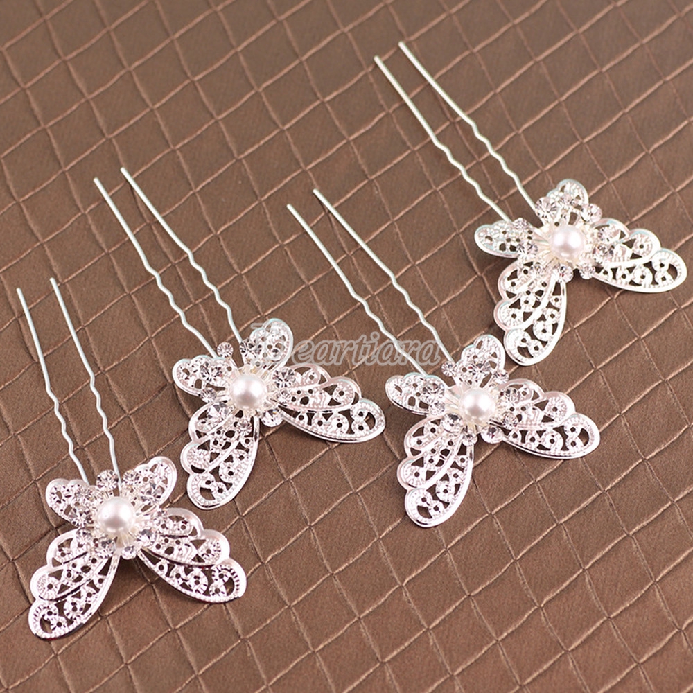 The Bride Accessories Butterfly Fork Sparkling Silver Pearl Hairpin Wedding