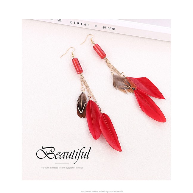 LRC Anting Gantung Fashion White Fringed Feather Earrings Y6130X