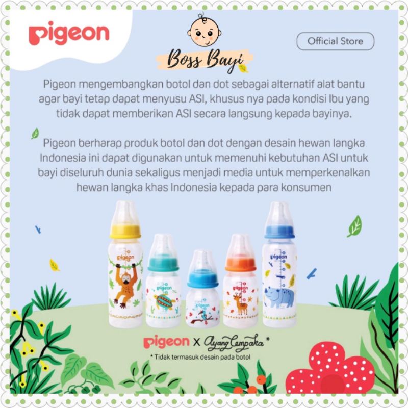 PIGEON - Botol Susu Dot Bayi Anak Peristatic Nipple Slim Neck PP RP Motif Gambar Hewan Langka uk 50ml/120ml/240ml