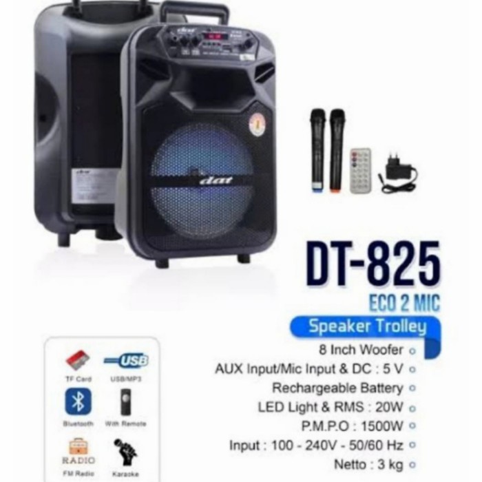 DISTRIBUTOR SPEAKER DAT DT 825 BLUETOOTH MIC WIRELESS 2 GARANSIBRESMI