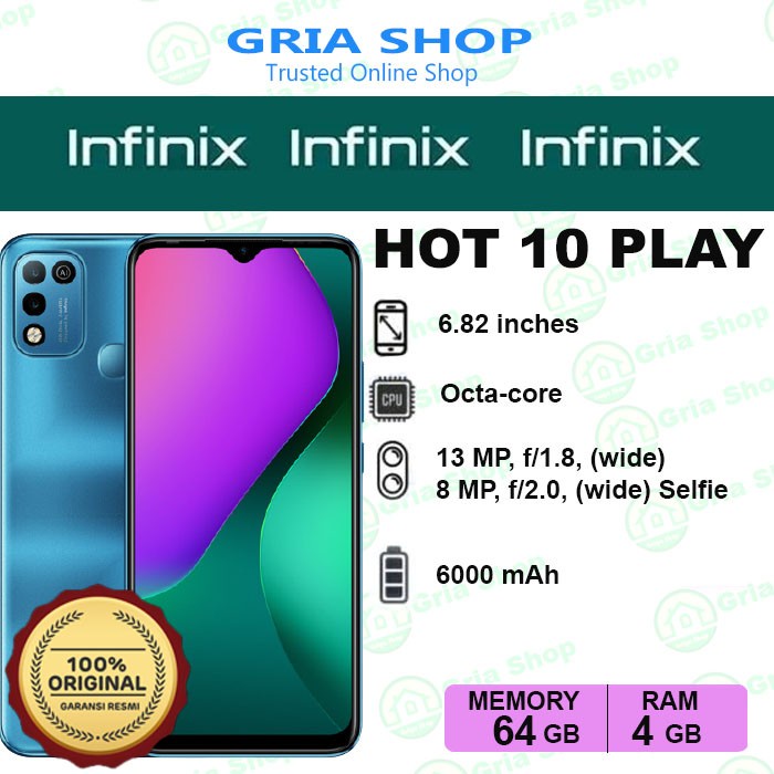 Infinix Hot 10 Play 4/64 GB - Garansi Resmi - Hijau