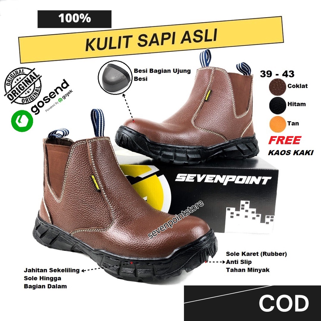 Sepatu Safety Pria Boots Kulit Asli Original Sefty Shoes Ujung Besi Baja Septi Savety Cowok Spatu Lapangan Proyek Slop Tanpa Tali