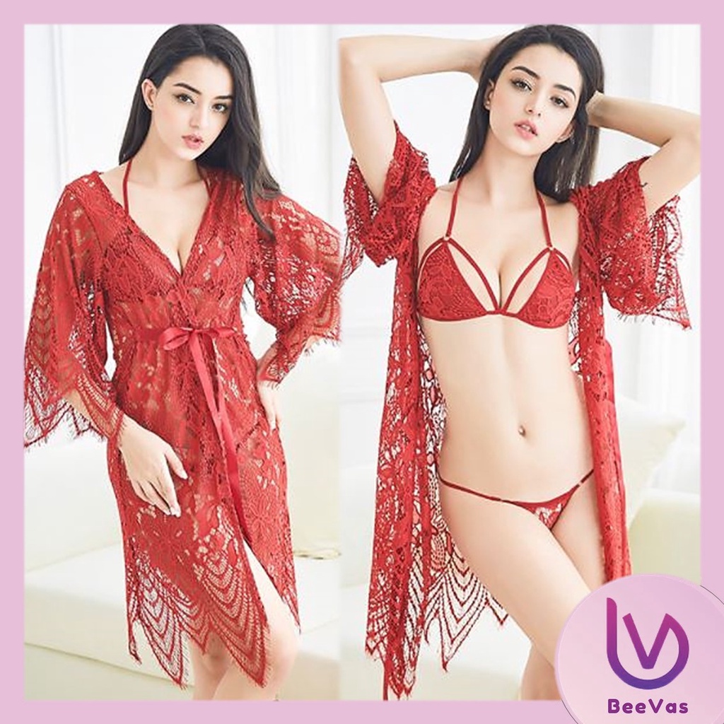 BT.ID BT431 BAJU TIDUR SEXY KIMONO SET LINGERIE SEKSI 3IN1 SET BRA CD GSTRING LINGERI