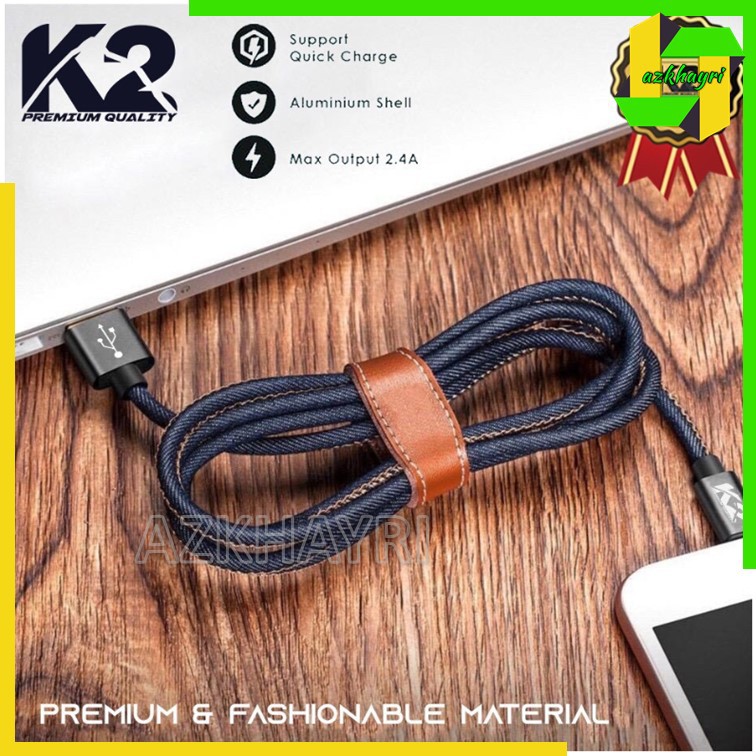 KABEL DATA DENIM 2 METER PREMIUM QUALITY MICRO USB Type C Lightning Iphone Fast Charging 2.4A