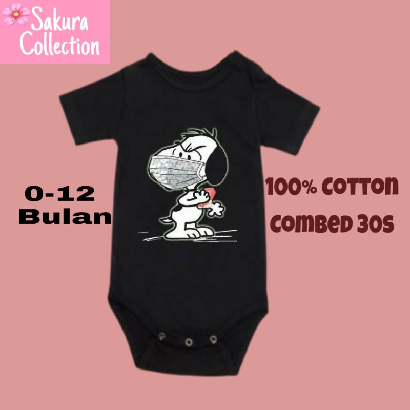 Kaos baju bayi jumper baby kids pendek viral logo tulisan SNOOPY PEANUTS lucu usia 0 1 2 3 4 5 6 7 8 9 10 11 12 bulan sampai umur 1 tahun adem jumpsuit babysuit romper bodysuit little anak kecil hitam style laki laki perempuan unisex nyaman lembut