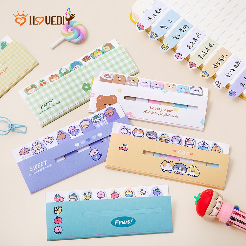 1 Set Stiker Memo Pad Mini Motif Kartun Buah / Bunga Bisa Ditulis Untuk Stationery Kantor