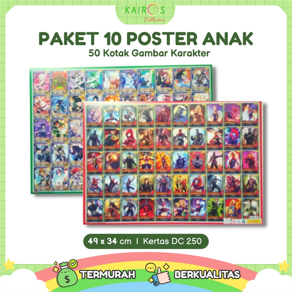 Paket 10 Poster Anak Edukasi Belajar Aneka Karakter 50 Kotak