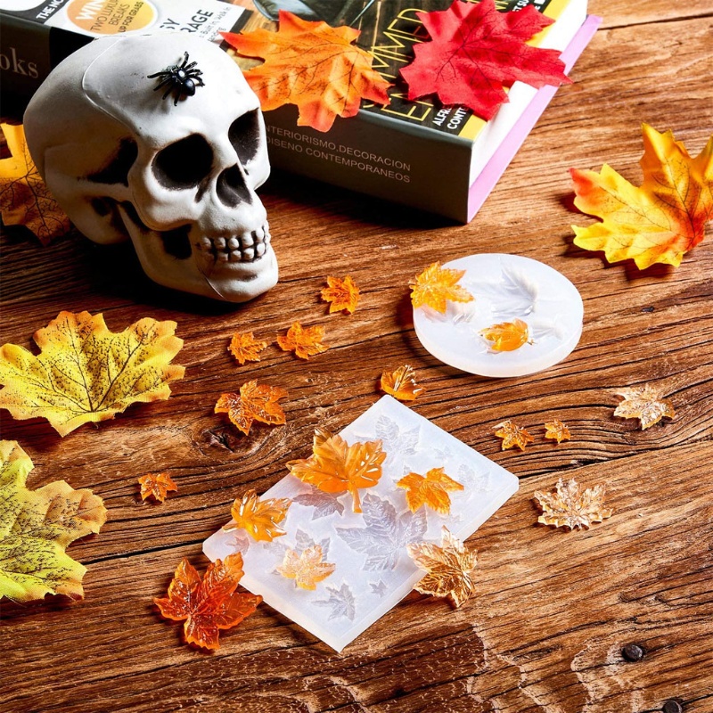 7pcs Cetakan Resin Epoksi Bahan Silikon Desain Labu Daun Maple Halloween Untuk Kerajinan