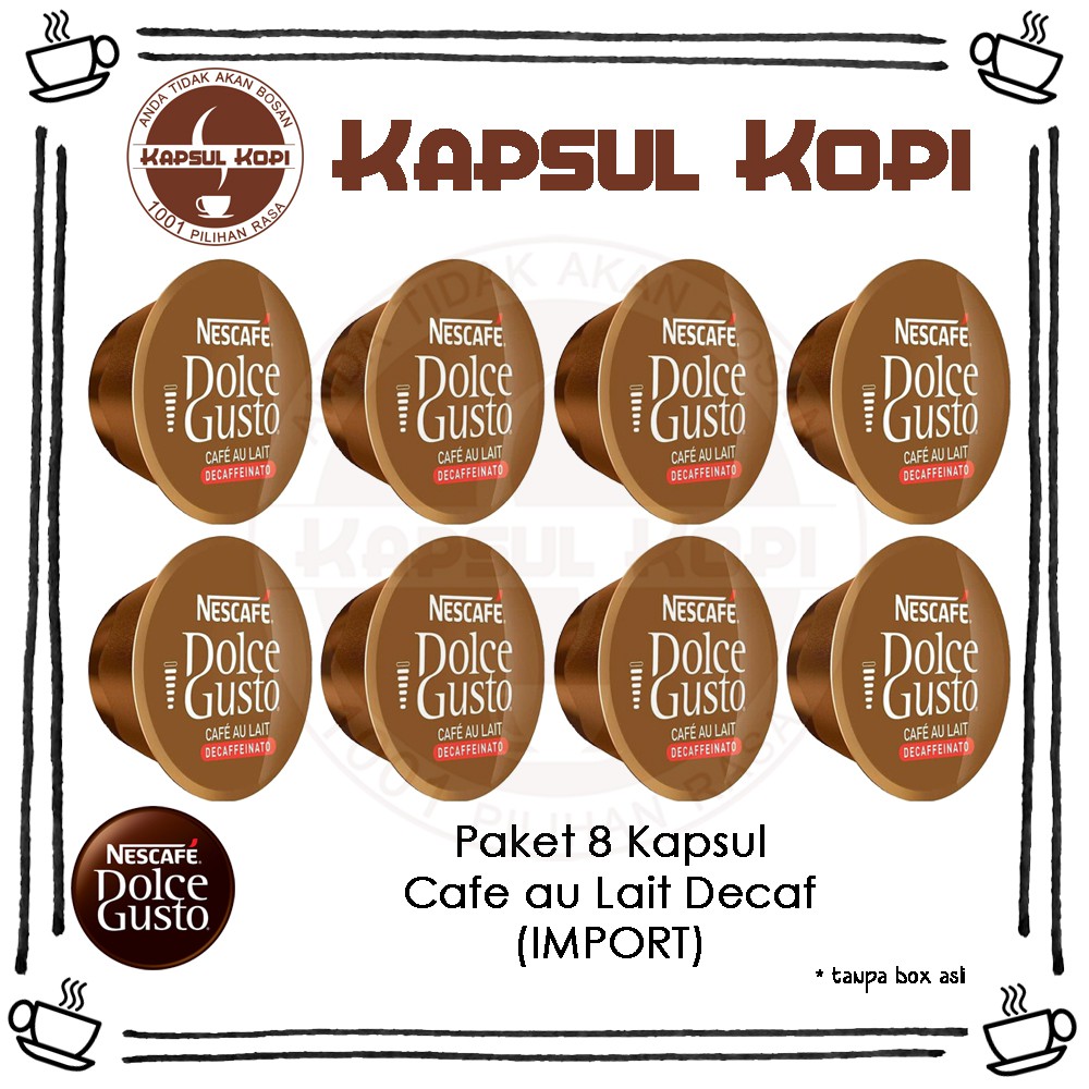 

Paket 8 Kapsul Cafe Au Lait Decaf Import Kopi Nescafe Dolce Gusto Coffee Capsule