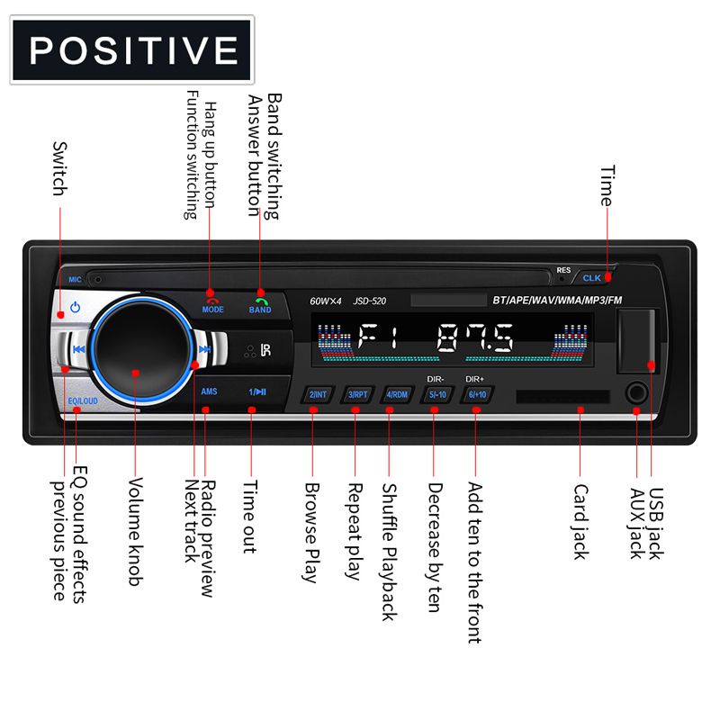 Taffware Tape Audio Mobil Bluetooth Car MP3 Player output 4X60W New JSD520 12V Car Radios Stereo FM MP3 Audio Player Support Bluetooth Phone with USB/SD MMC Port Car Electronics U-Disk Bluetooth MP3 Player Hands-free Car MP3 Stereo Audio FM Radio