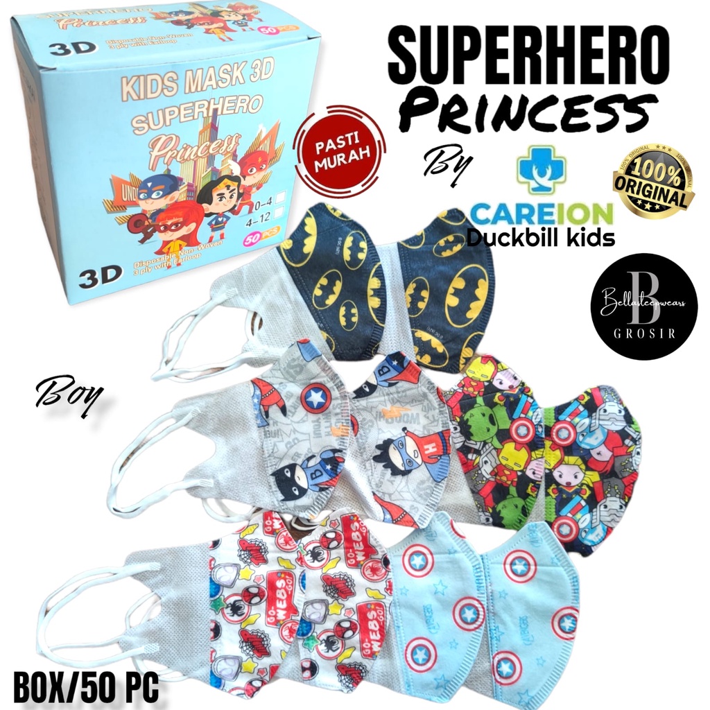 CAREION DUCKBILL ANAK SUPERHERO PRINCESS MOTIF BOX 50 PC - MASKER DUCKBILL KIDS CHILD 3PLY CAREION KEMENKES