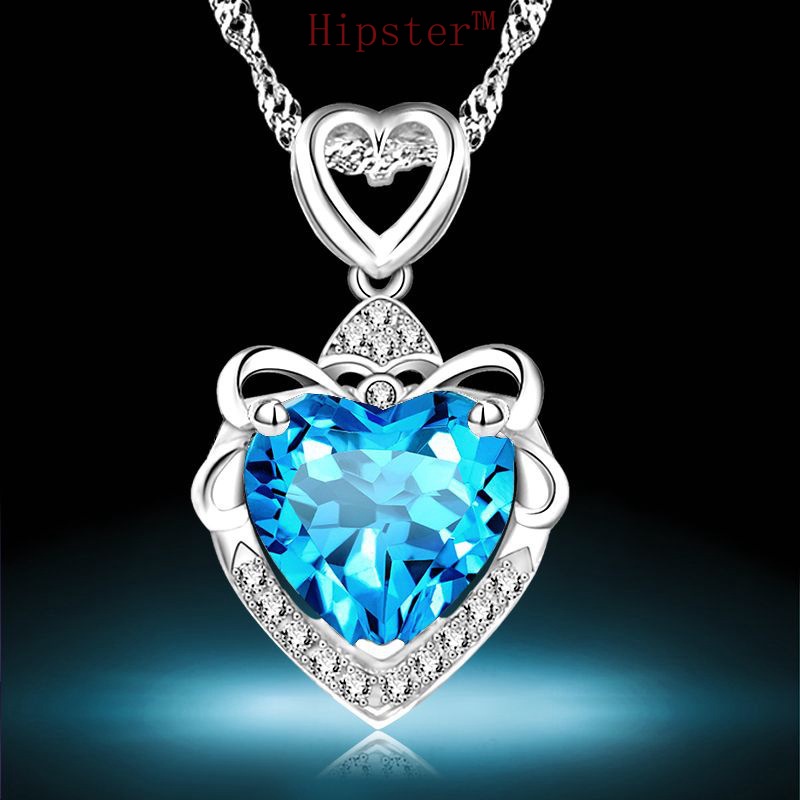 Hot Sale Fashion All-Match Ocean Heart Sapphire Heart-Shaped Full Diamond Pendant Necklace