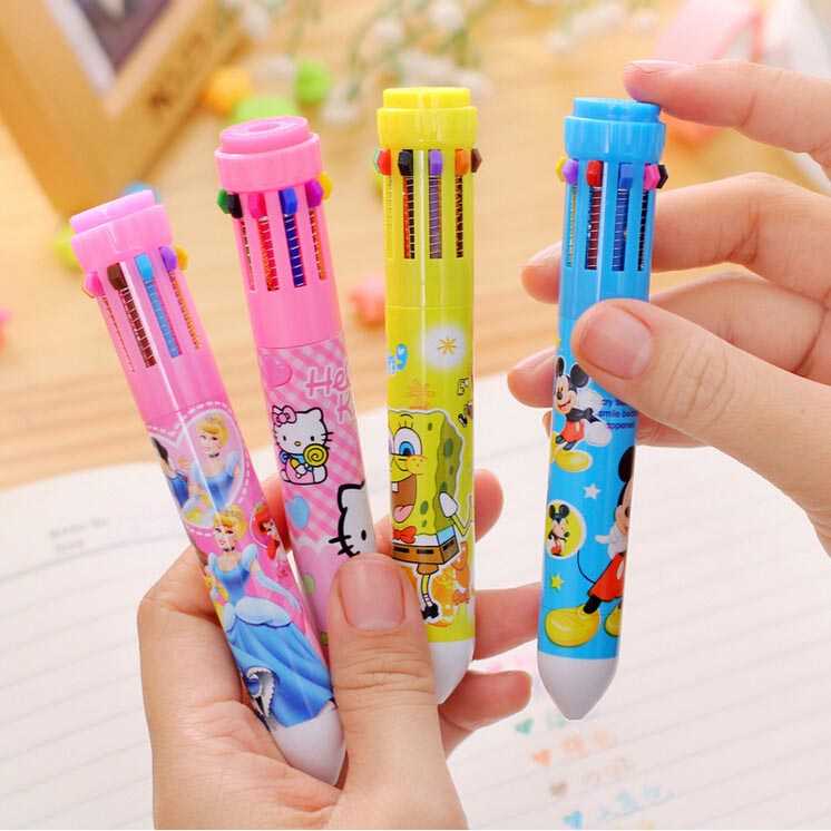 Pena Ballpoint Multi Warna 10 in 1 / Pena Pen Bulpen Bolpen Bolpoin Bolpoint Ballpoin Ballpoint Pulpen Warna Warni Karakter Anak Anak Kecil Perempuan Laki Laki Cewe Cewek Sd Sekolah Lucu Disney Princess Kartun Drawing Pen Aesthetic Motor Murah Original