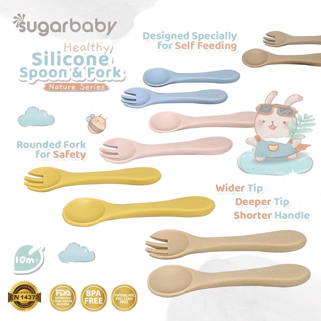 [FREE BUBBLE WRAP] Sugar Baby Healthy Silicone Bowl, Plate, Spoon &amp; Fork, Bib Nature Series Peralatan MPASI Bayi